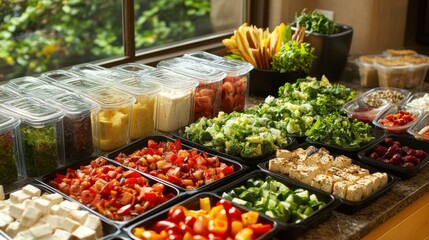 Obraz premium lifestyle flatlays Fitness and Home Workout Routines clean. Colorful Vegetable Salad Bar with Tofu and Grains