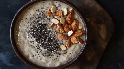 lifestyle flatlays Fitness and Home Workout Routines clean. Creamy Beige Smoothie Bowl Topped with Almonds and Chia Seeds