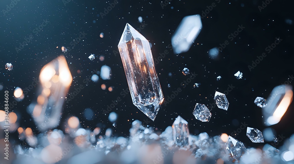 Poster magical floating crystal quartz points and fragments suspended in dark space with bokeh light effect