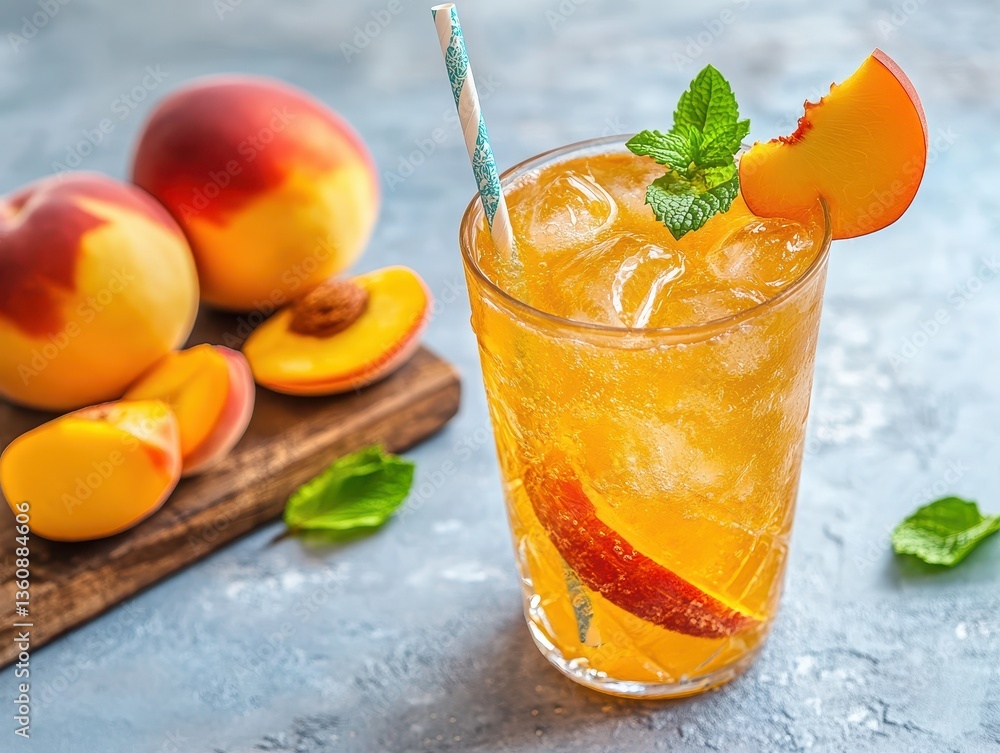 Poster refreshing peach cocktail with fresh peach slices and mint garnish on a rustic table setting with ju