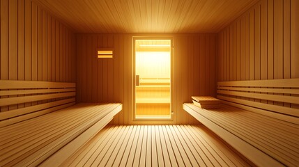 Fototapeta premium Empty sauna room interior with wooden benches and sunlight shining through open door