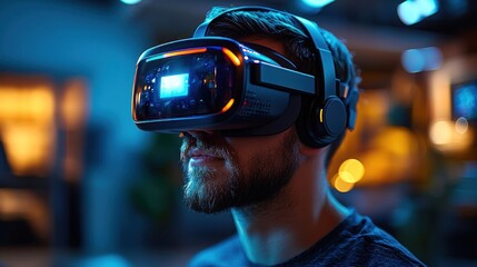 Man using VR headset, experiencing immersive technology.