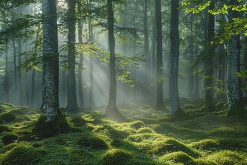 Obraz premium A foggy morning in a dense forest, tree trunks emerging from the mist, soft sunlight filtering through the canopy, the ground covered in soft moss,