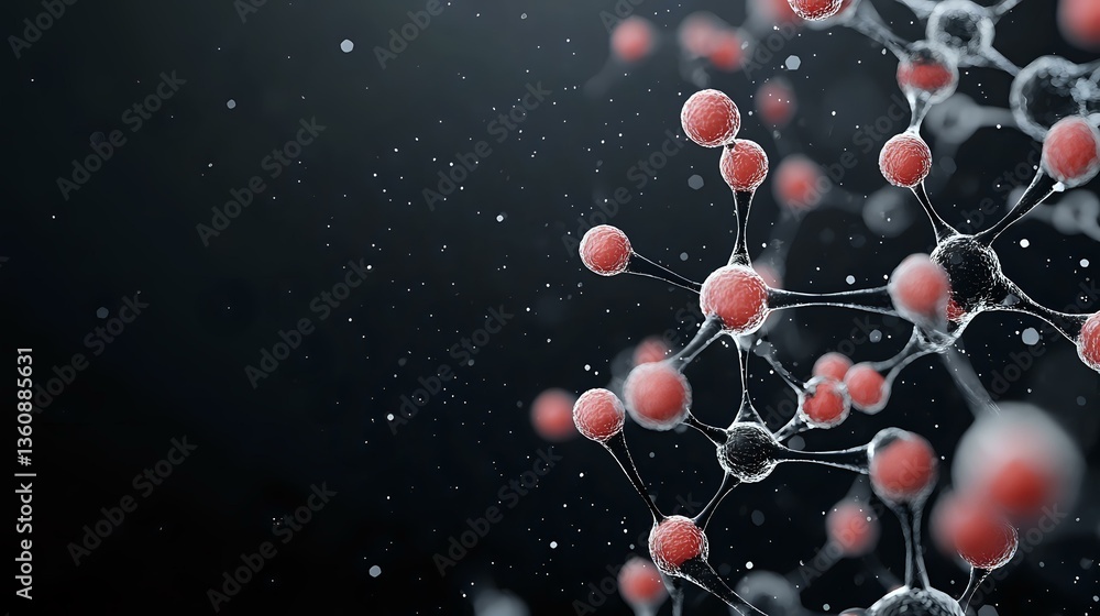 Poster molecular structure visualization with red spherical atoms connected by white bonds on dark backgrou