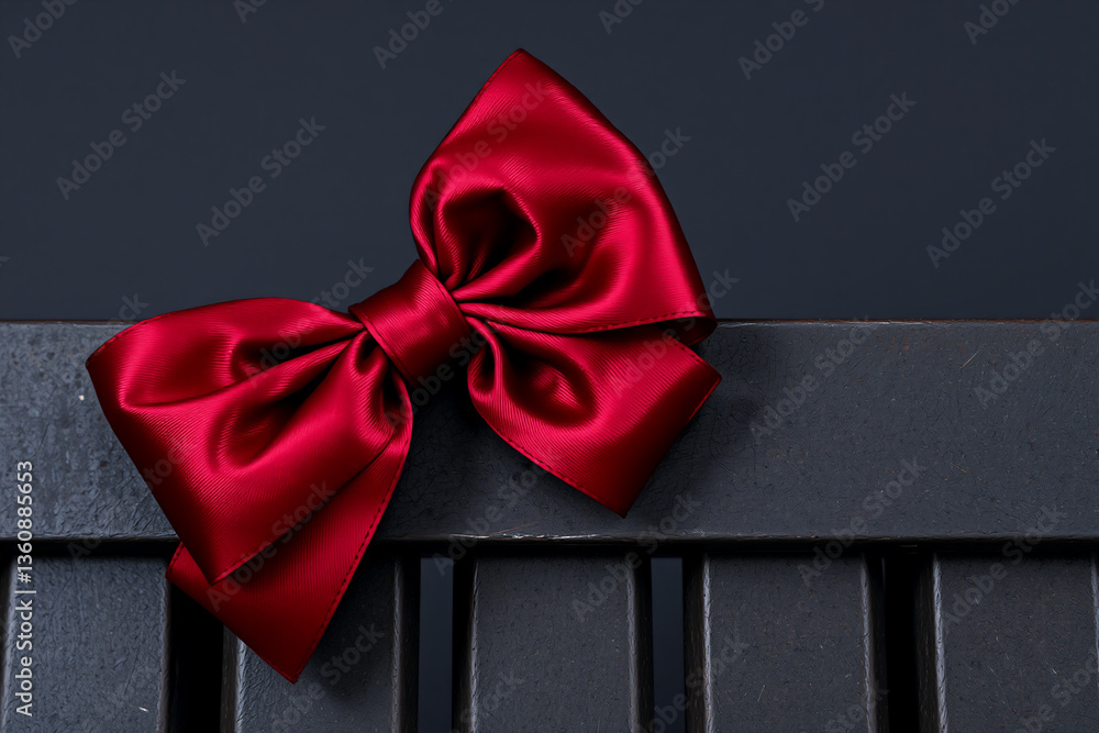 Poster a vibrant red satin bow sits prominently against a dark, textured background, showcasing its elegant