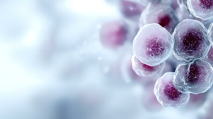 Microscopic view of purple and white cell cluster showing detailed cellular structure with soft focus background, suitable for medical and scientific publications.