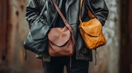 Leatherworker holding three handmade leather bags