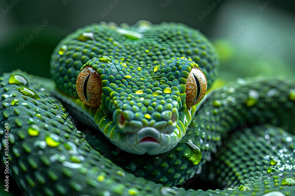 Poster close-up portrait of green tree python with striking yellow eyes and textured scales showing intrica