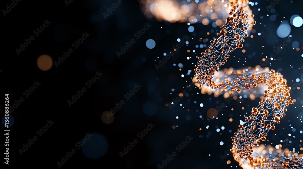 Poster glowing dna helix structure with orange light particles and bokeh effects on dark background, scient