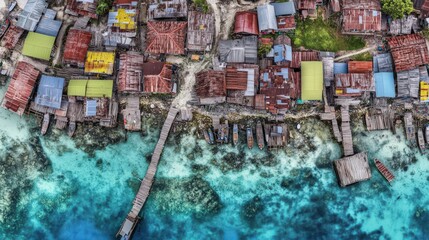 Aerial view of a vibrant coastal village, colorful houses, wooden boats, and turquoise waters.  A stunning tropical scene.