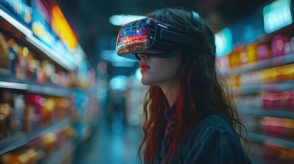 Fototapeta premium Woman using VR headset in supermarket aisle. (1)
