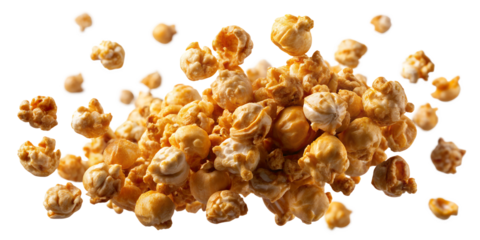 A Sweet Indulgence: Caramel Corn's delightful cascade. Golden caramel-coated popcorn. A close-up studio shot showcasing a pile of popcorn, perfectly capturing textures and deliciousness.