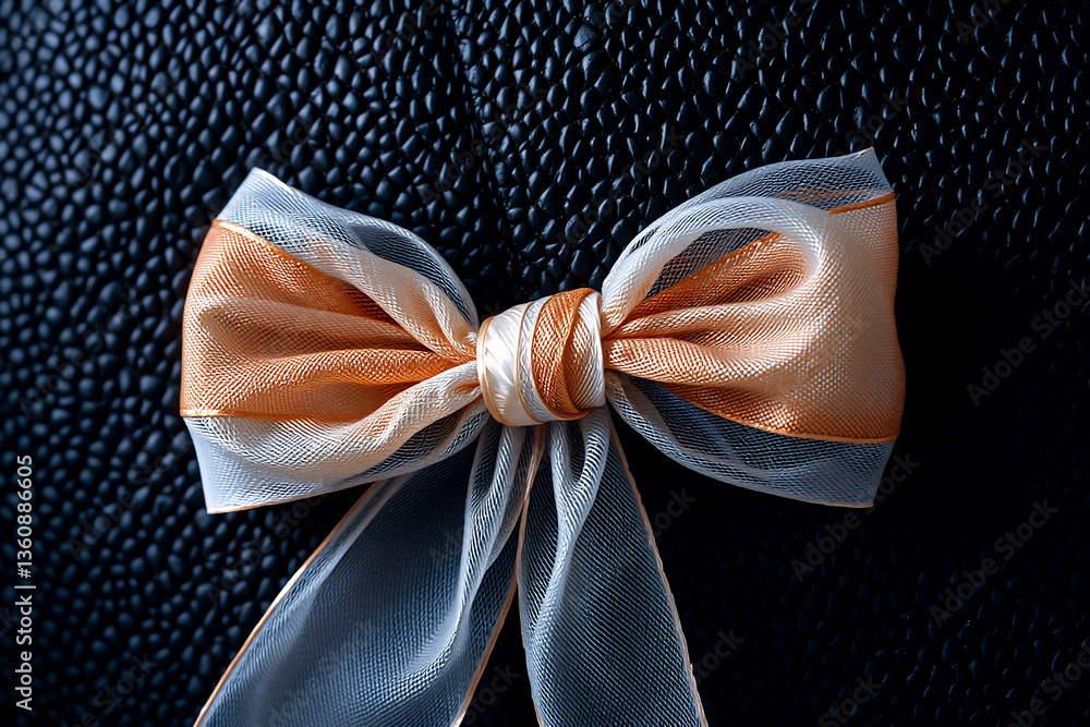 Poster elegant bow with orange and gray layers against a dark, textured backdrop. ribbon folds create a dec
