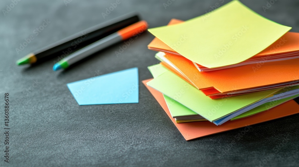 Poster stack of index cards, sticky notes, and fine-tip markers on a soft gray background.