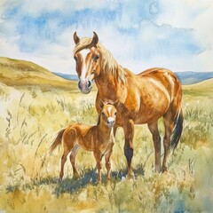 Obraz premium Mother and foal horse painting in a meadow