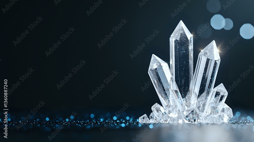 Poster clear quartz crystal cluster formation against dark background with blue bokeh lights, mineral speci