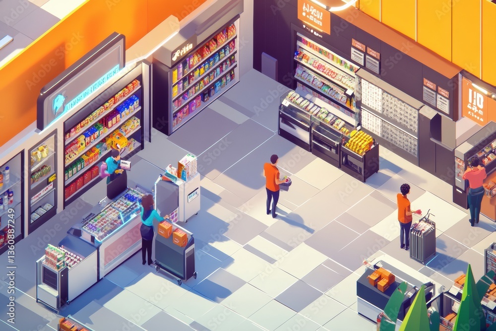 Aufkleber Bright and modern supermarket bustling with customers and couriers engaging in shopping and grocery pickups during the day Generative AI