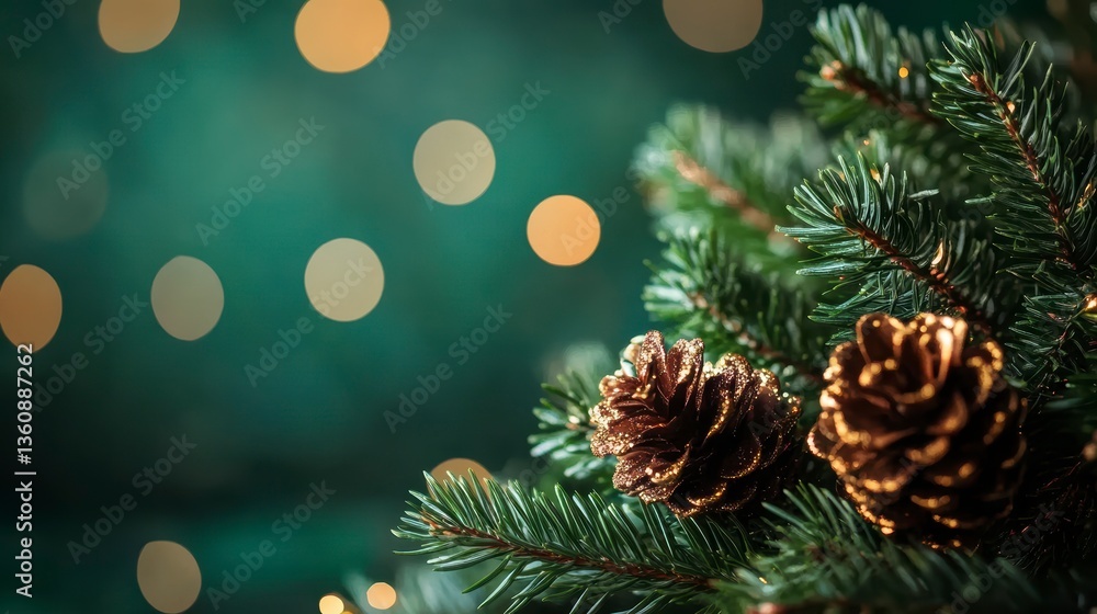 Poster festive pine cones and evergreen branches with bokeh lights on teal background.