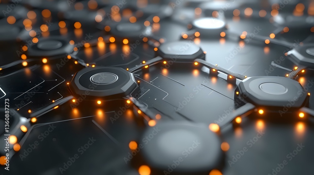 Poster glowing orange network connections on dark surface with circular nodes forming interconnected patter