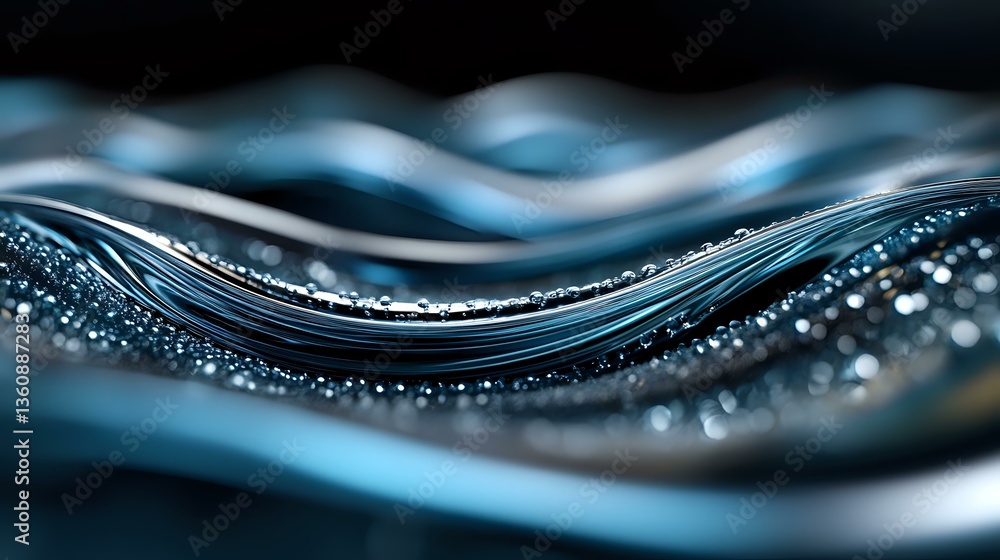 Poster macro photography of flowing water with sparkling droplets and waves creating dynamic curves in blue