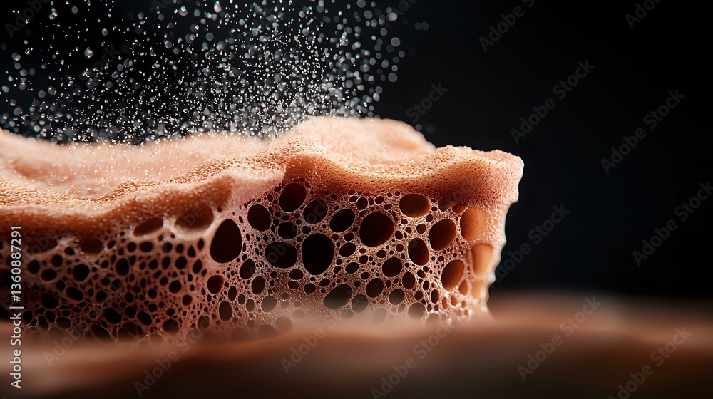 Poster Macro shot of chocolate milk foam with bubbles and splashing droplets against dark background, showing rich texture and dynamic liquid movement in brown tones.
