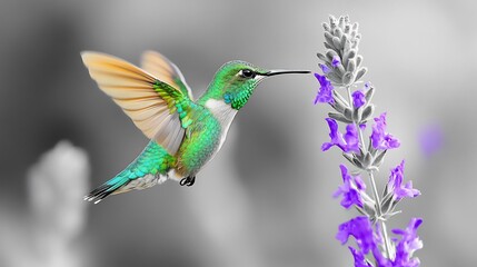 Fototapeta premium Vivid green hummingbird feeding on a grayscale flower its wings blurred in motion
