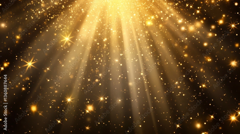 Poster golden light rays and sparkles on dark background.