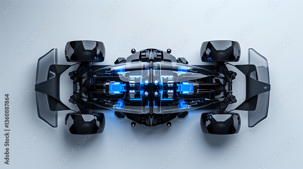 Poster futuristic racing vehicle concept with glowing blue elements and exposed mechanical parts viewed fro