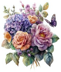 Romantic floral arrangement with hydrangea, roses and butterfly in soft purple, peach and blue tones on white background, watercolor style botanical art.