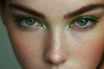 Obraz premium Skin Texture, Captivating green eye makeup artistry fashion photography studio setting close-up view beauty concept