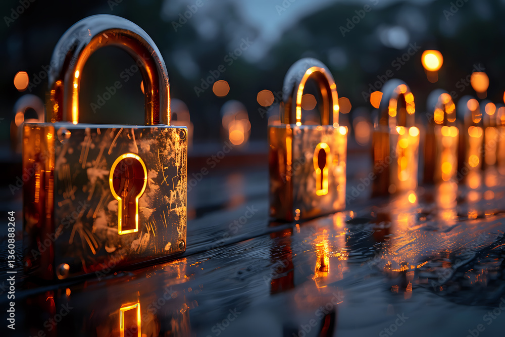 Poster row of vintage brass padlocks on wet surface reflecting warm evening lights, creating romantic atmos