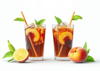 Refreshing Peach Iced Tea with Slices and Fresh Leaves in Glasses on Clean Background for Summer Beverage Inspiration