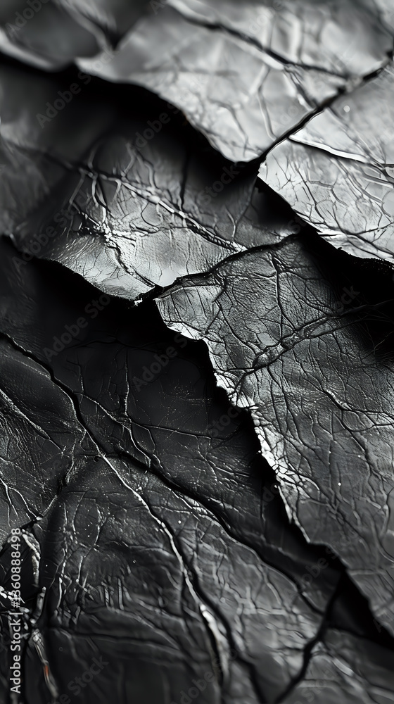 Poster dramatic black and white macro photography of crumpled paper texture with deep shadows and intricate