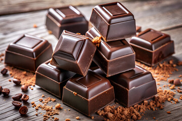Dark Chocolate Chunks with Cocoa Nibs on Wooden Surface