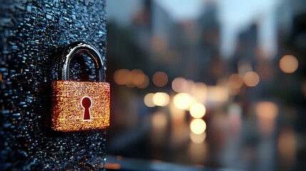 Rustic padlock with golden glow against rainy window at dusk, creating atmospheric bokeh effect in urban setting, symbolizing security and protection.