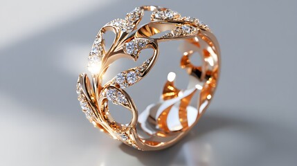 Elegant rose gold ring embellished with sparkling diamonds and leaf design