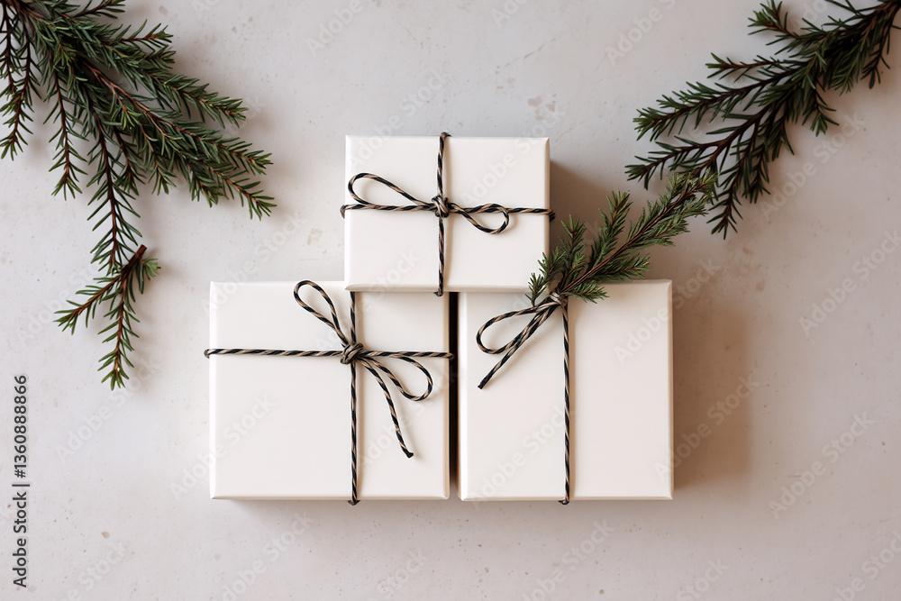 Poster white gift boxes tied with string and decorated with pine branches are stacked on a light surface. f