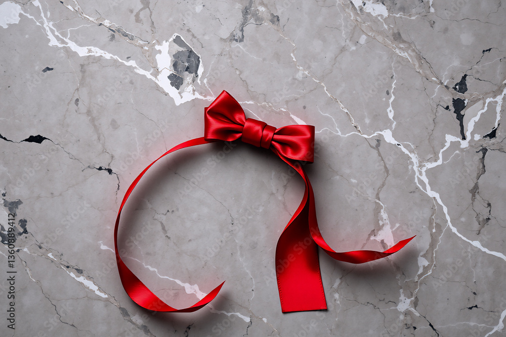Poster a vibrant red satin ribbon tied into a bow rests elegantly on a textured marble surface, creating a 