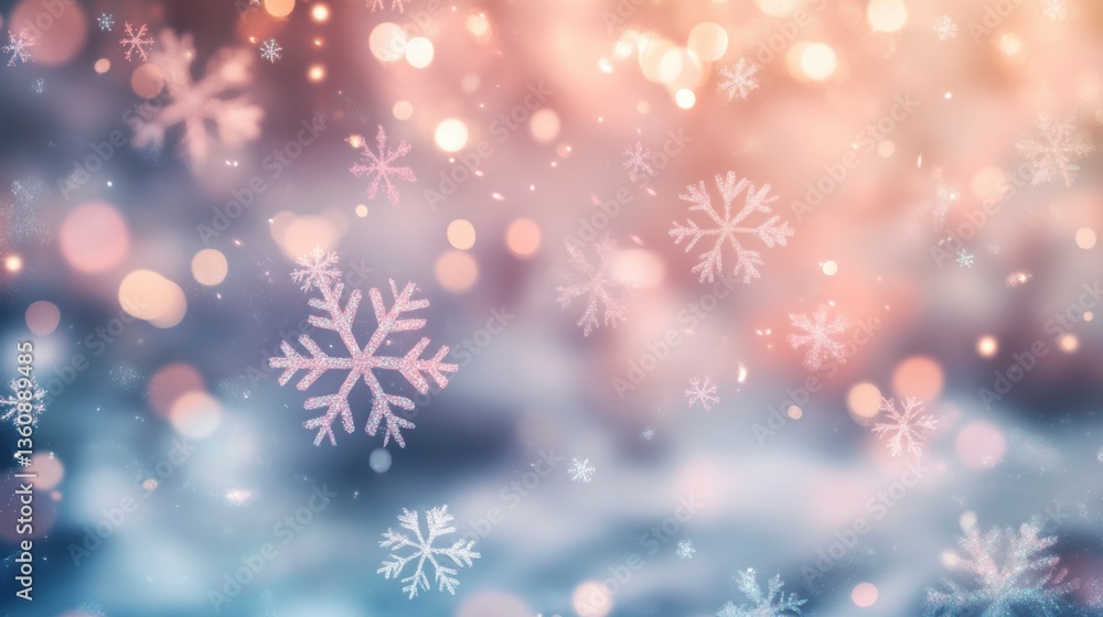 Poster abstract winter background with snowflakes and bokeh lights.