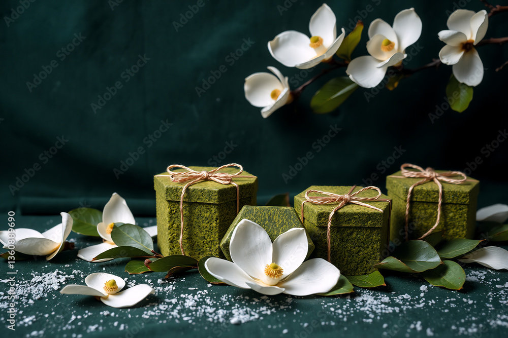 Poster green hexagonal gift boxes tied with string are arranged with white magnolia flowers and leaves on a