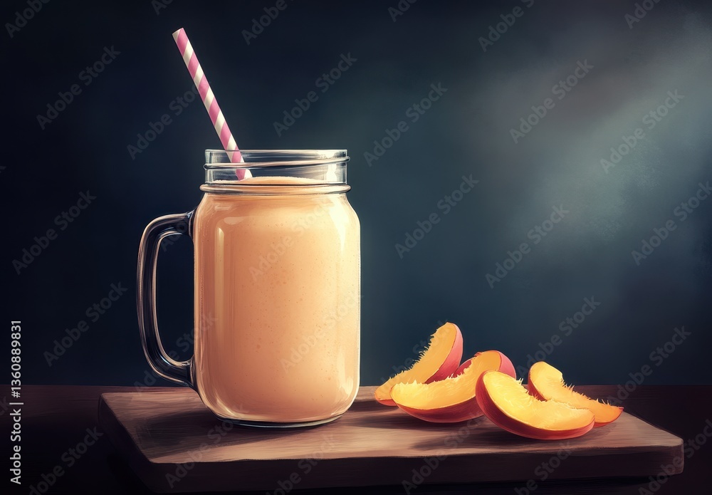Poster refreshing peach smoothie in a glass jar with straw and sliced peaches on wooden board against a sof