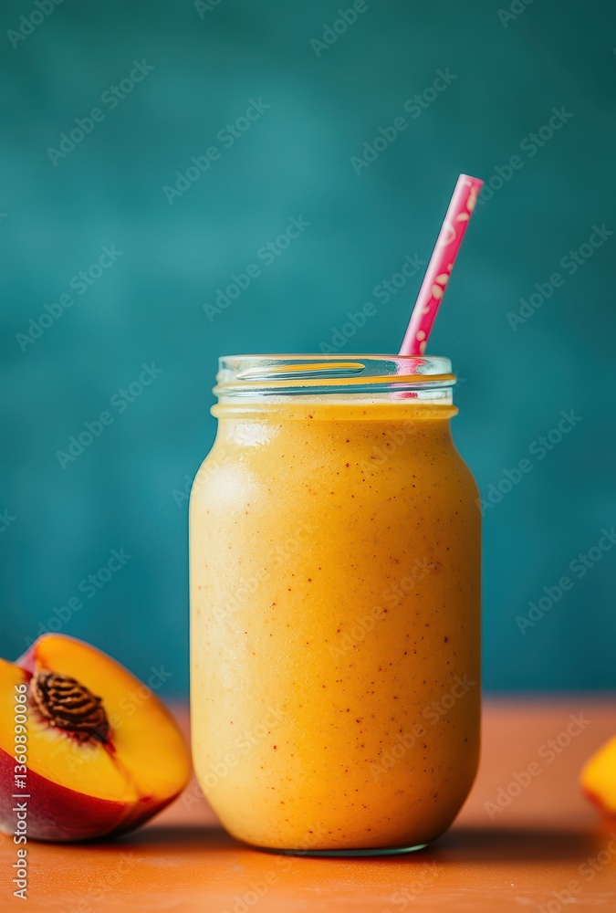 Poster refreshing peach smoothie in a jar with a colorful straw surrounded by fresh peaches on a vibrant ba