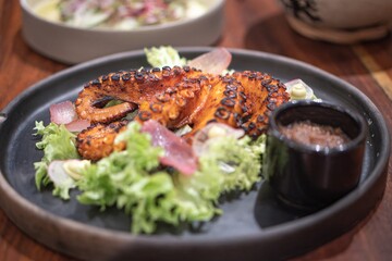 Grilled octopus with salad and sauce in merida, yucatan
