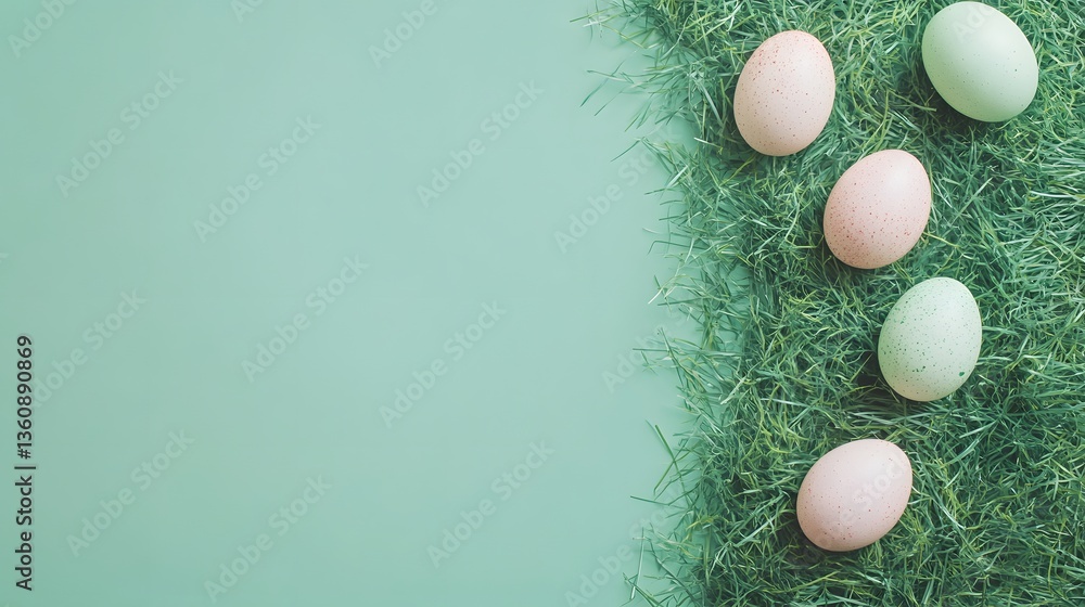 Poster easter eggs lying on green grass with copy space on turquoise background