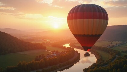 Fototapeta premium Hot air balloon flying over a scenic landscape at sunrise