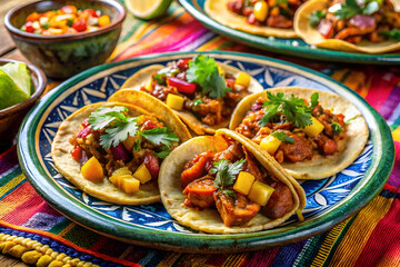 Authentic Mexican Tacos with Mango Salsa on Colorful Plate