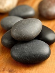 Balanced Rocks on a Textured Wooden Surface, Zen Inspired Still Life