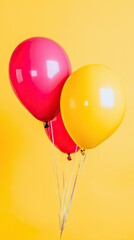 Obraz premium Two balloons, red and yellow, float against a yellow background; party celebration