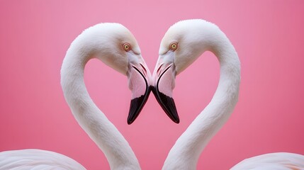Naklejka premium Two flamingos forming heart shape with necks on pink background