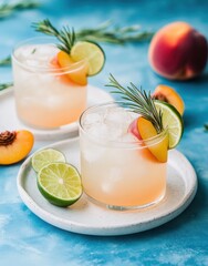 Refreshing Summer Cocktail with Peach, Lime, and Rosemary Garnish in a Bright Blue Setting, Perfect for a Tropical Vibe and Entertaining Friends